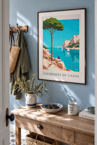 Cassis calanques and turquoise water poster: framed on the wall