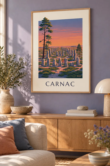 Carnac standing stones at sunset poster : framed on the wall