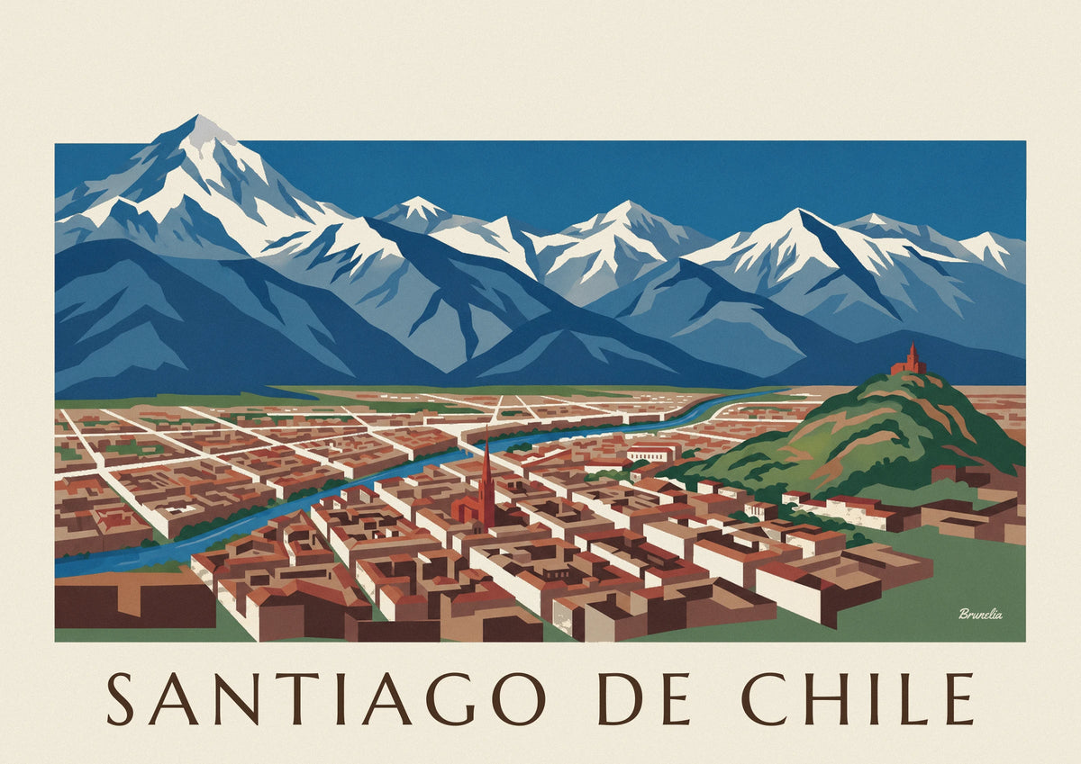 Santiago de Chile and the Andes illustrated map poster