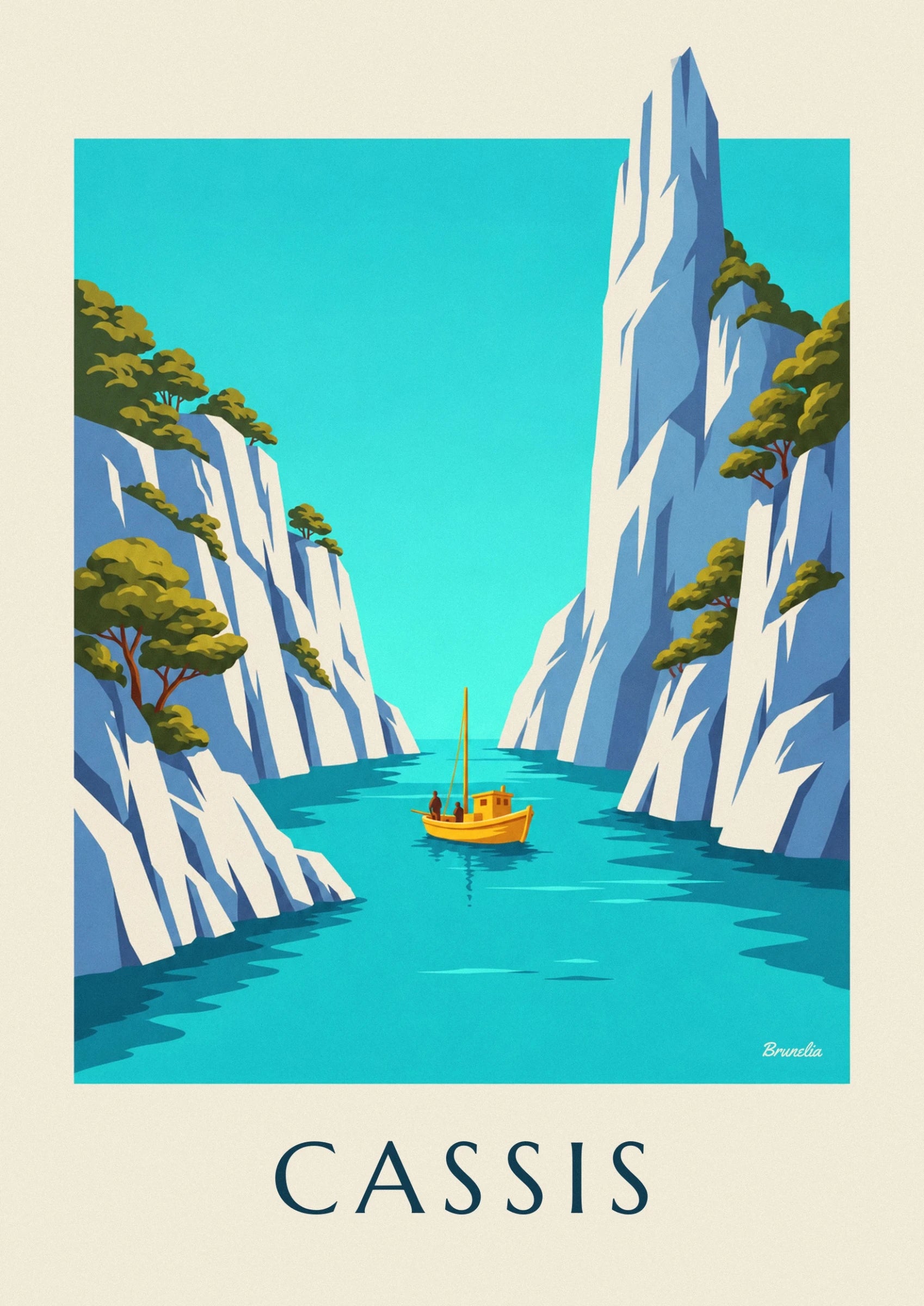 Le bateau jaune et ses 2 personnages sur l’eau turquoise de la calanque de Cassis