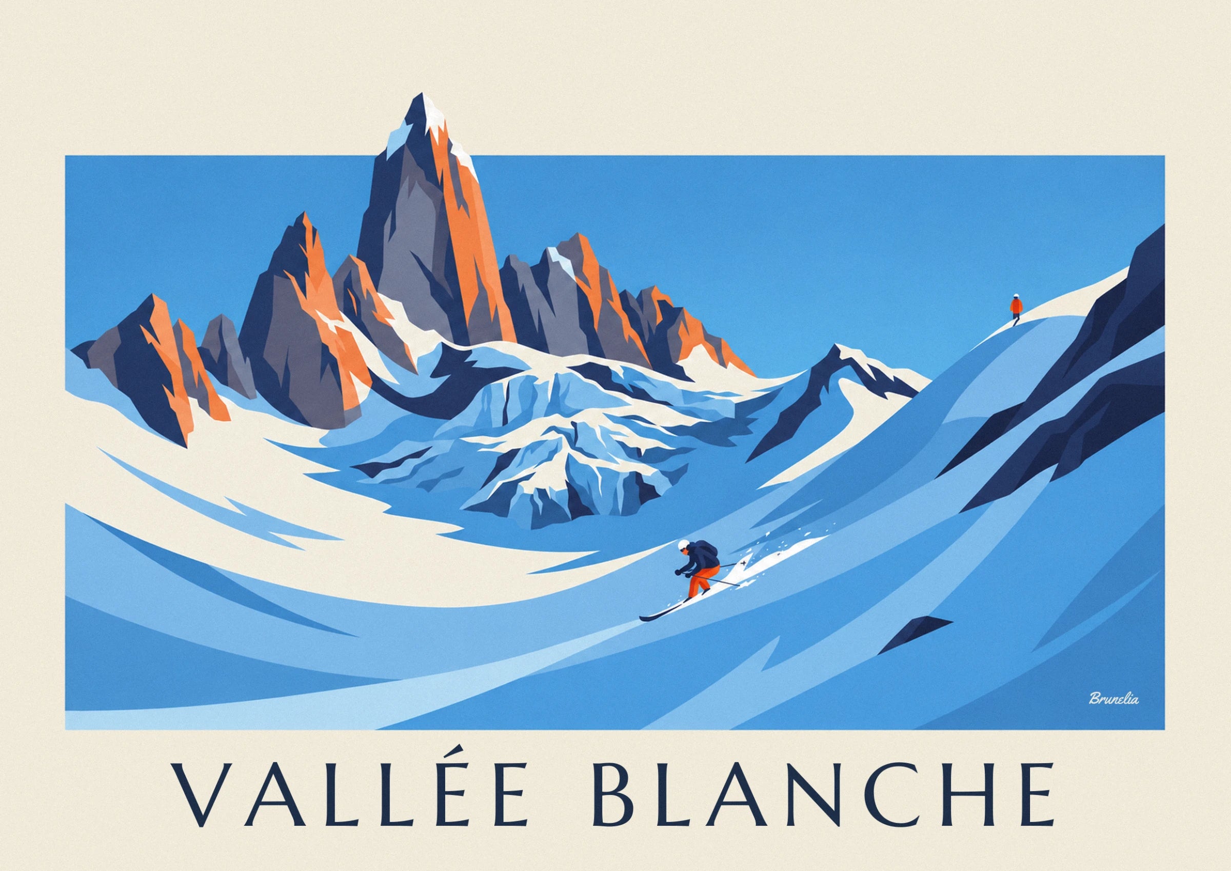 Orange and grey rock spires above the glacier's blue ice towers