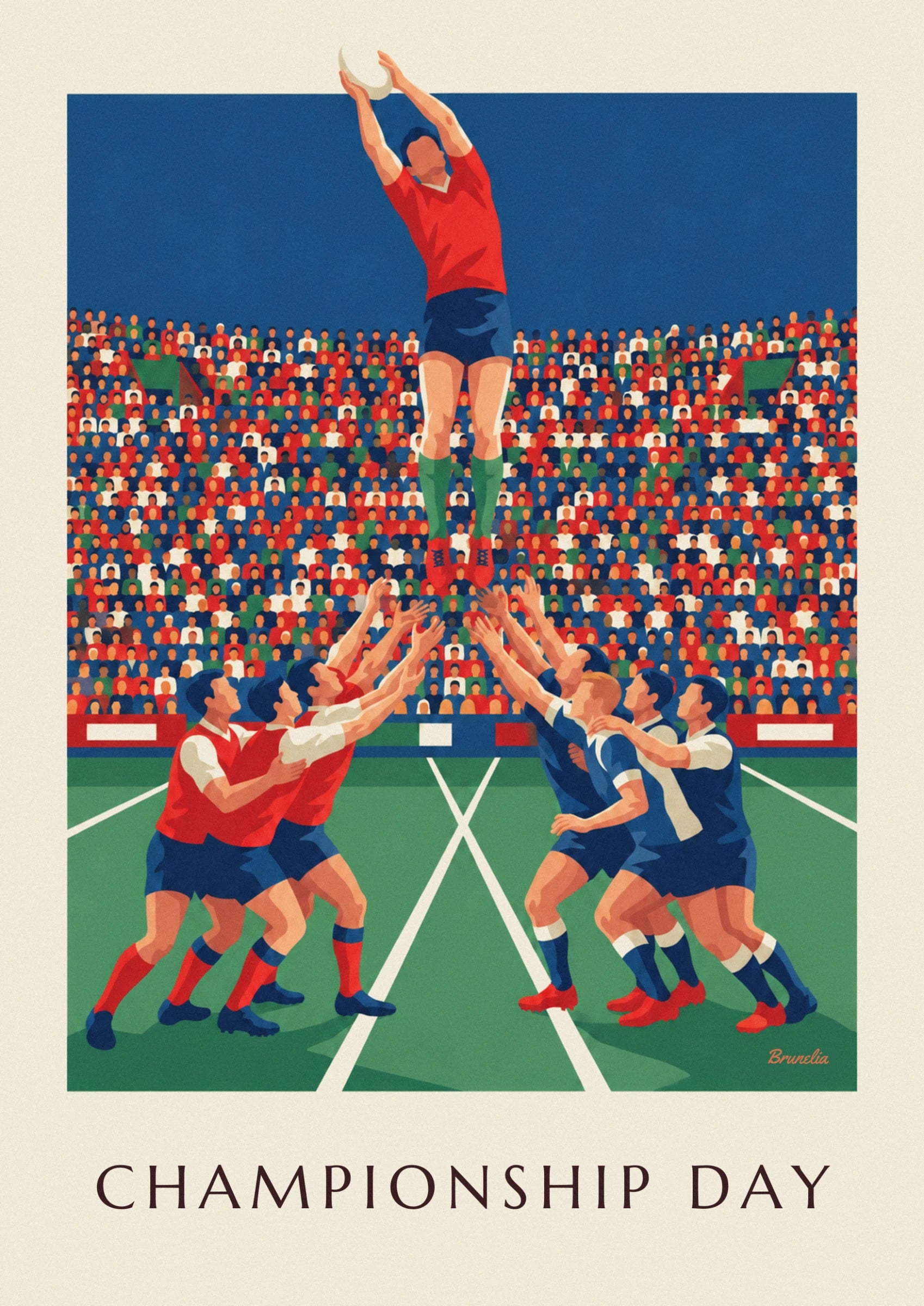 The jumper in a red shirt and blue shorts, arms stretched towards the sky in front of the stands