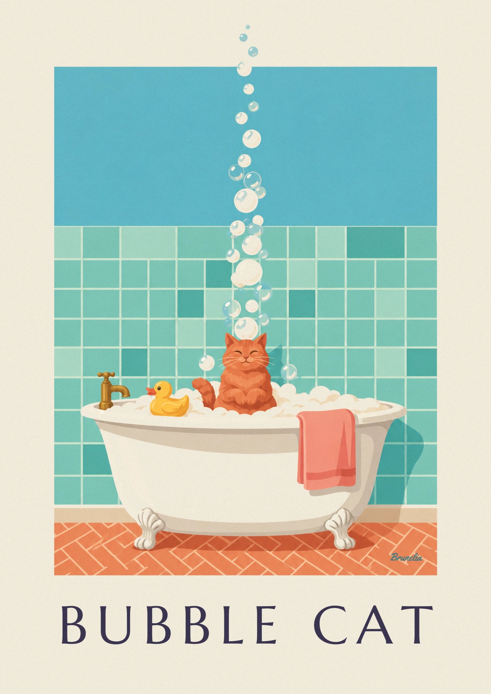 Le chat roux, yeux fermés, tout sourire dans la mousse et les bulles