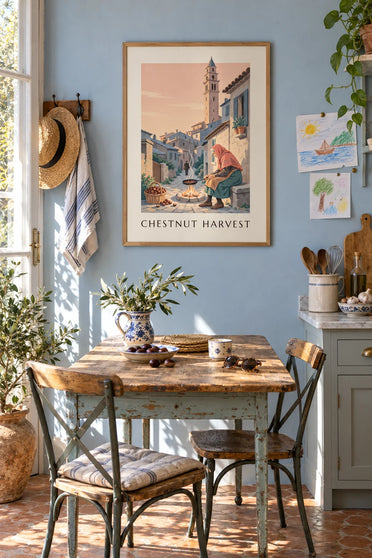 Poster of chestnuts roasted over a wood fire in Castagniccia, Corsica: framed on the wall