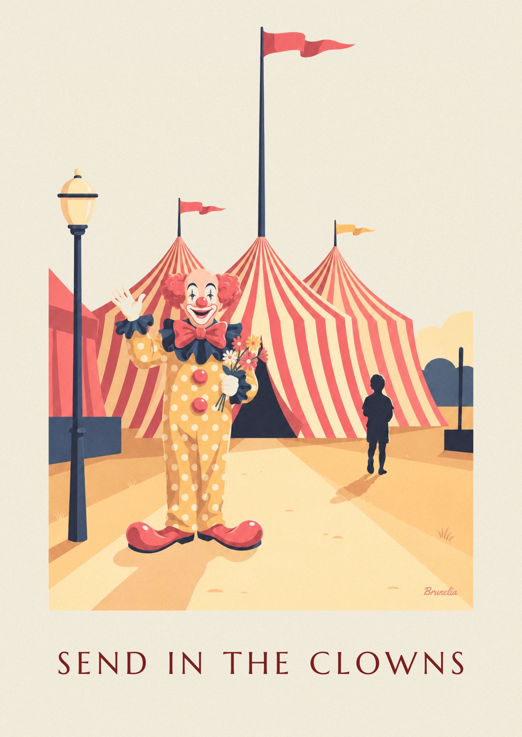 Le clown à pois jaunes qui salue, son gros nœud rouge et son bouquet de fleurs