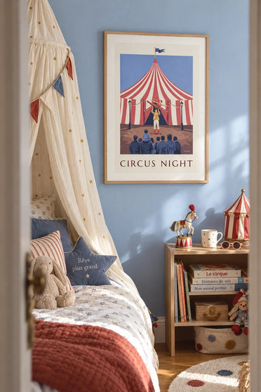 Poster of a juggler and acrobat in front of a circus tent: framed on the wall