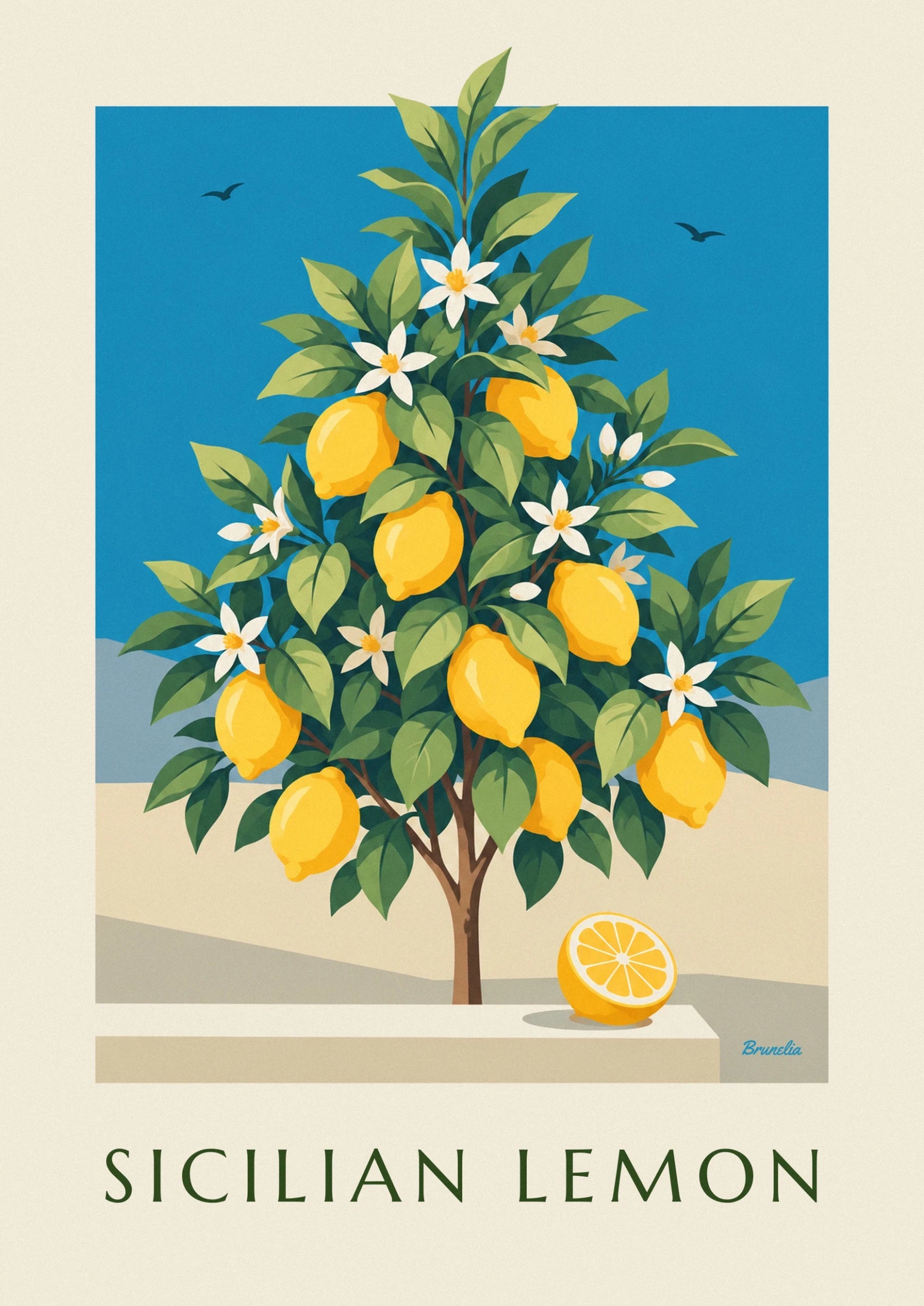 Les citrons mûrs entre les feuilles vertes et les fleurs blanches, sur fond de ciel bleu