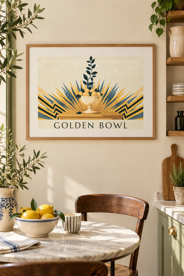 Lemon fruit bowl and geometric patterns poster : framed on the wall