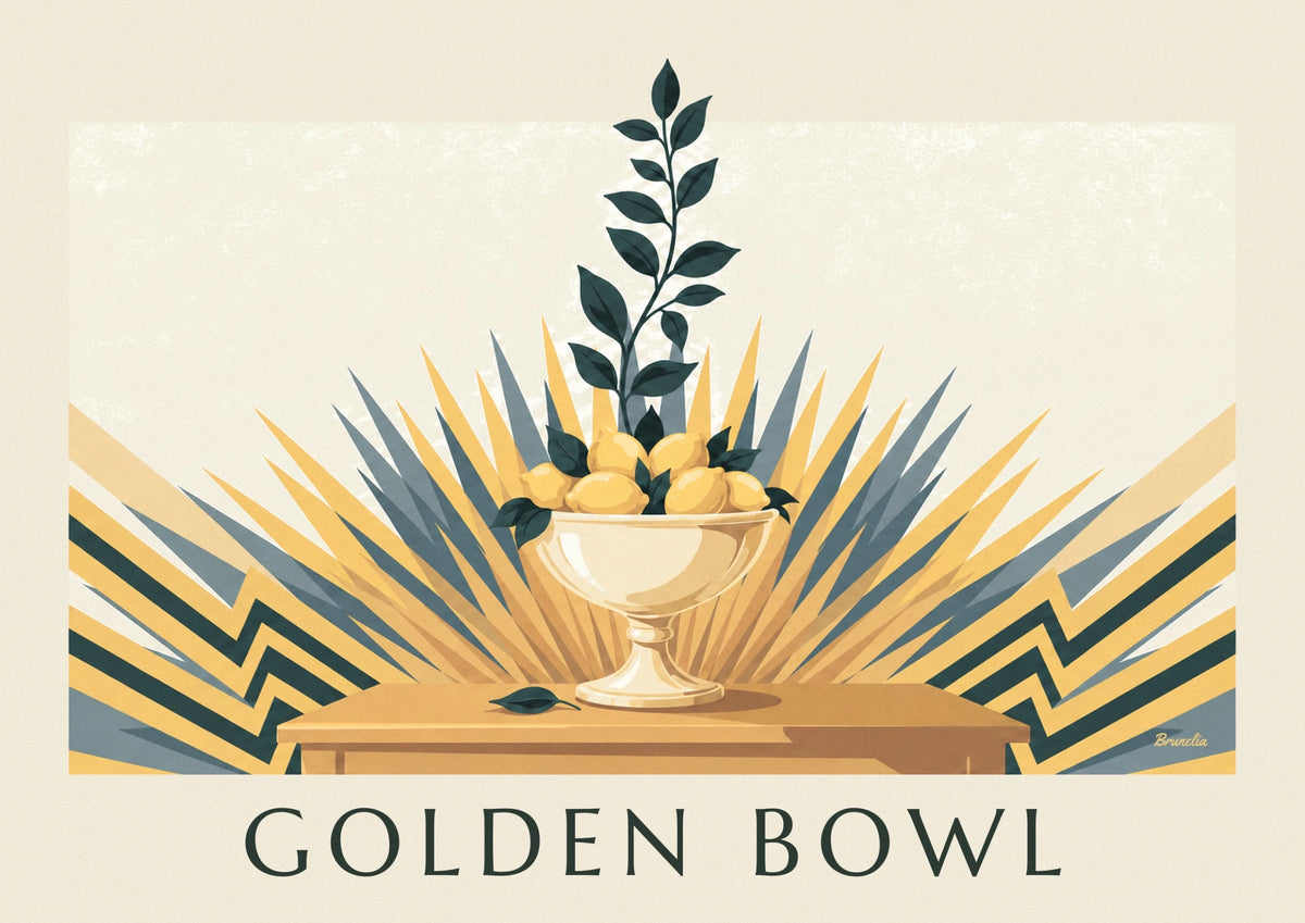 Lemon fruit bowl and geometric patterns poster