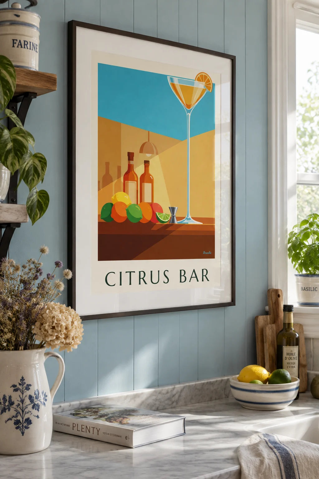 Mise en situation de Affiche bar à cocktails, coupe en cristal et agrumes