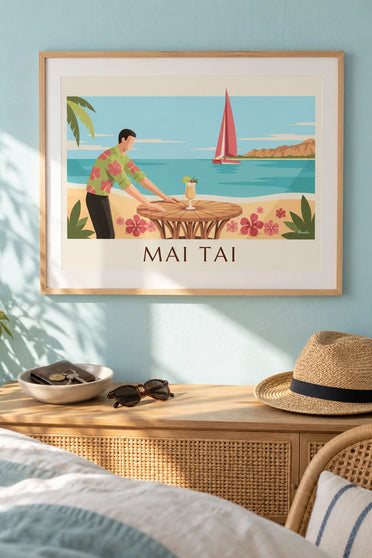 Poster of a Mai Tai cocktail served on a beach facing Diamond Head: framed on the wall