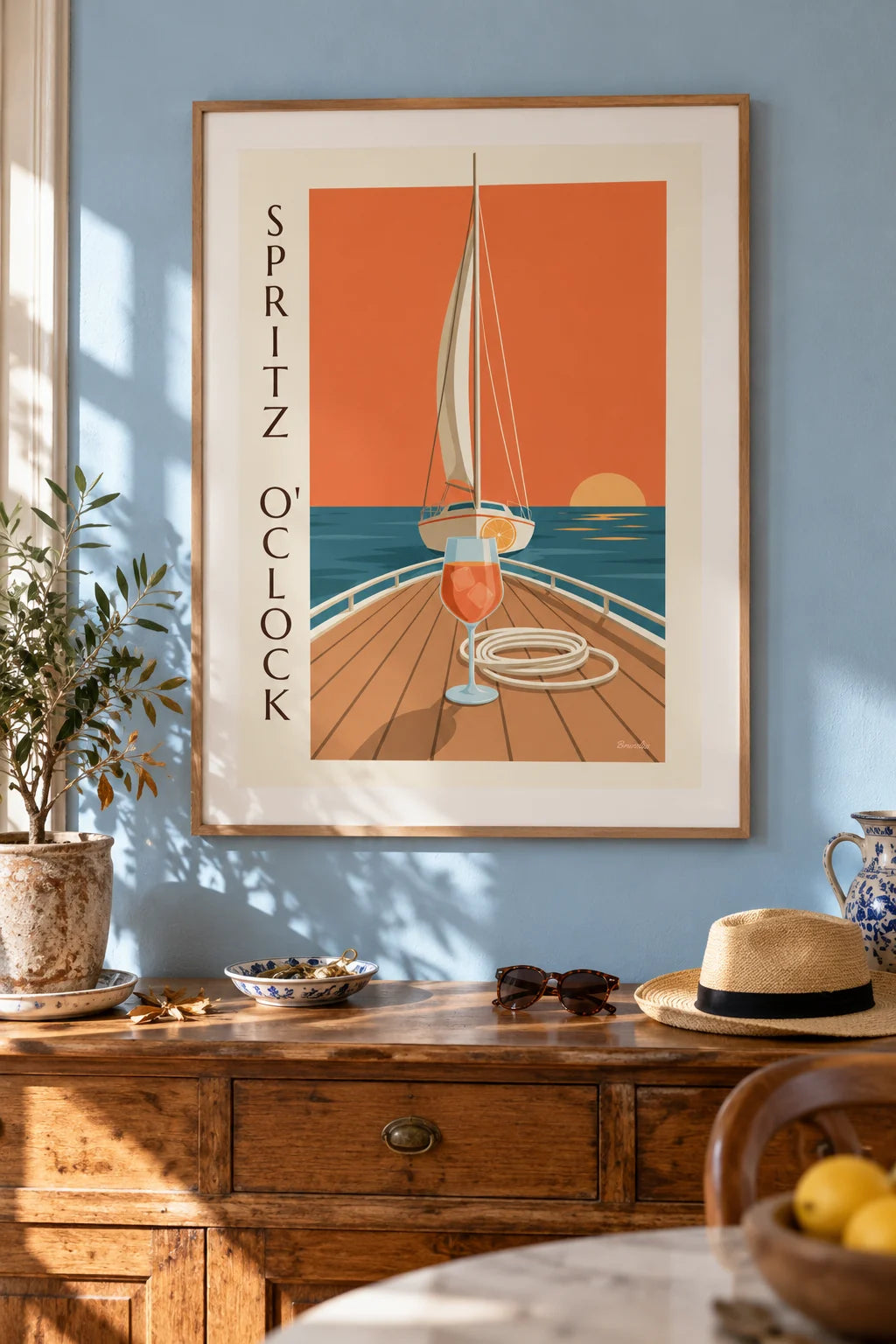 Spritz on a sailboat deck at sunset poster on the wall