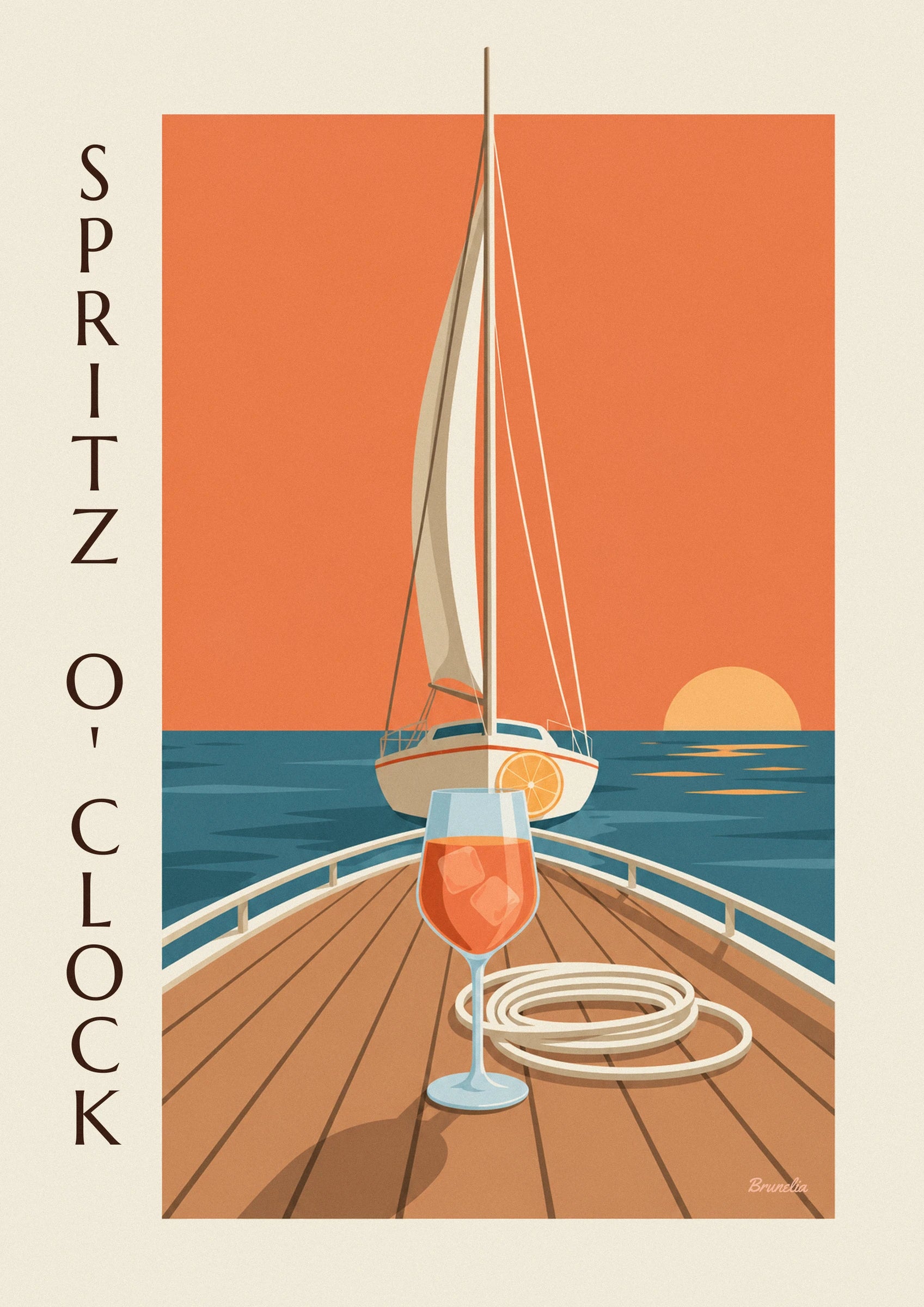Un verre de spritz aux glaçons orangés et un cordage enroulé sur le pont en bois