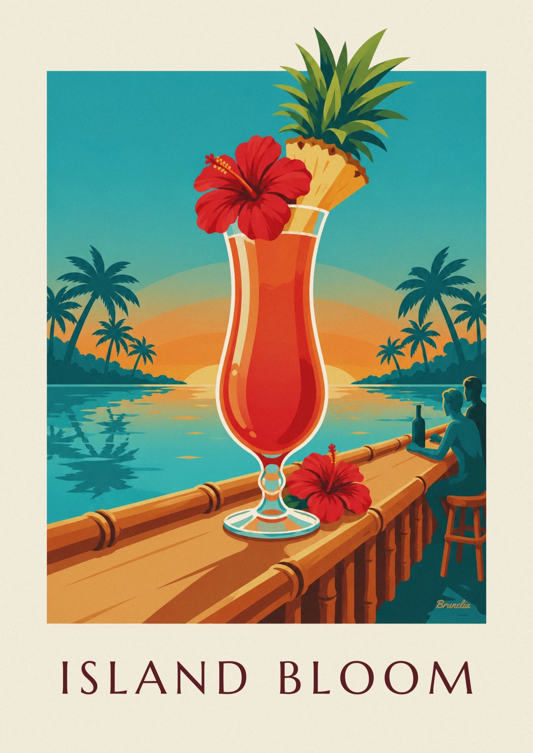 Un verre galbé de cocktail orangé, couronné d'une fleur d'hibiscus rouge