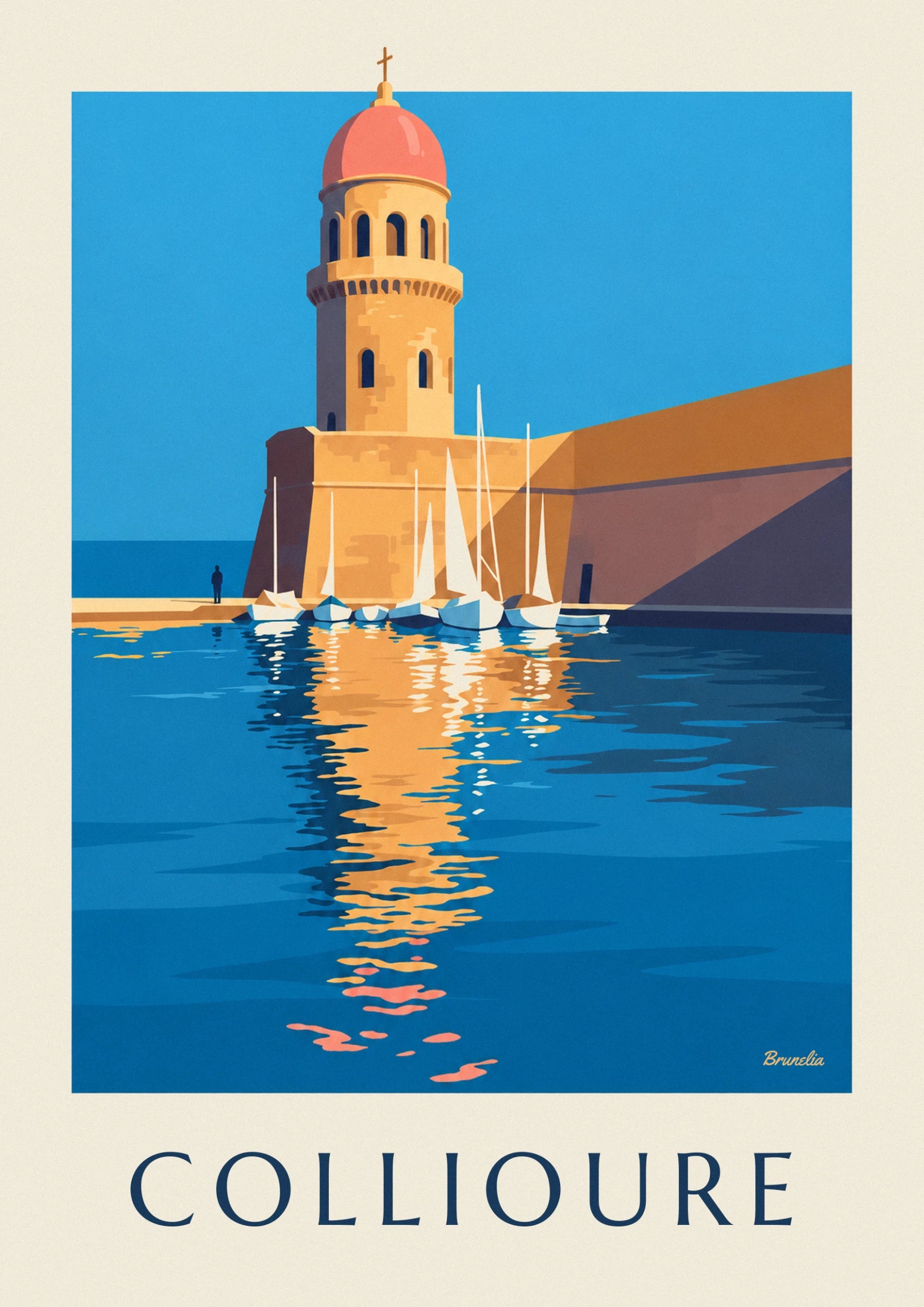 The ochre bell tower with its coral-pink dome and arched openings, beneath a blue sky