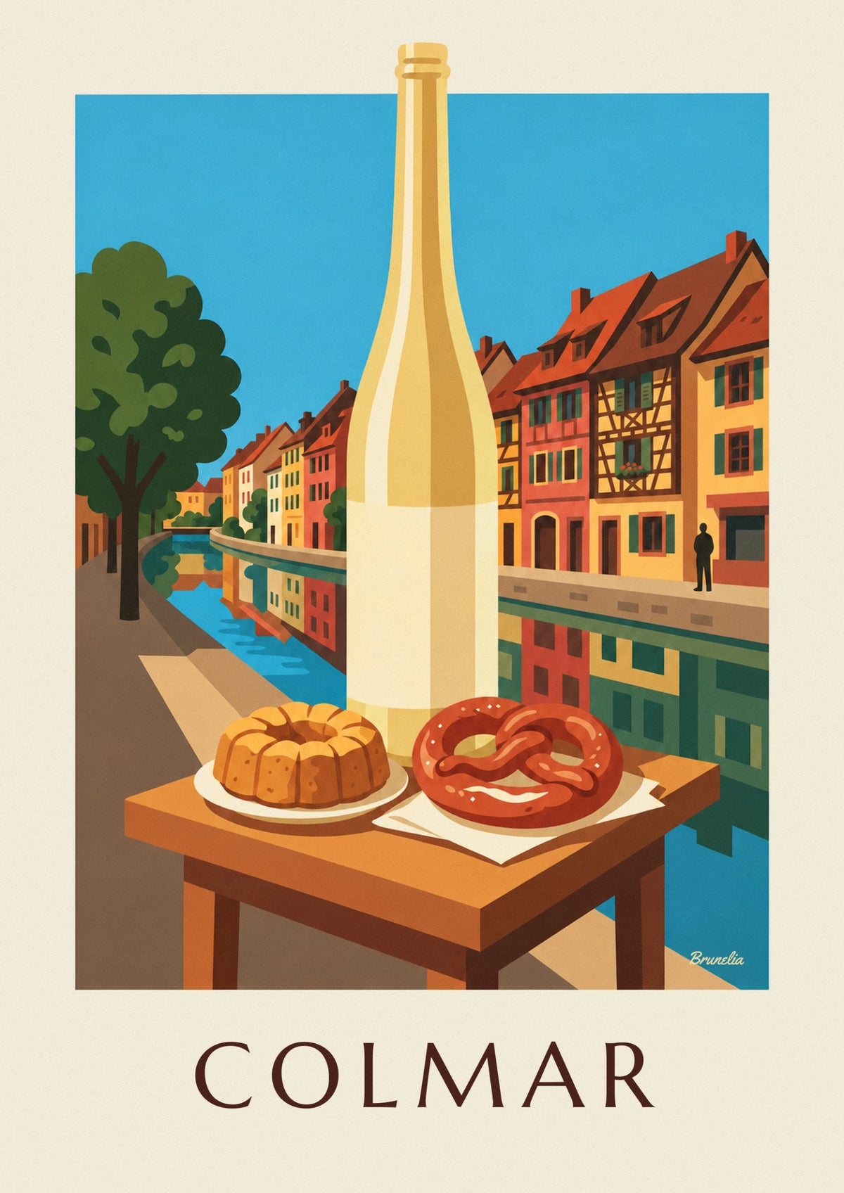 Colmar half-timbered houses, kougelhopf and Alsace wine poster