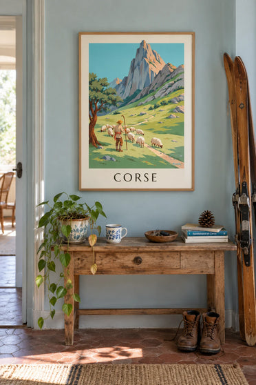 Affiche berger et ses moutons dans les montagnes corses : encadrée au mur