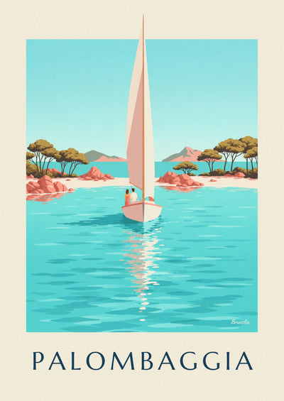 Poster of Palombaggia beach, pines and a sailboat at anchor in Corsica: the full poster