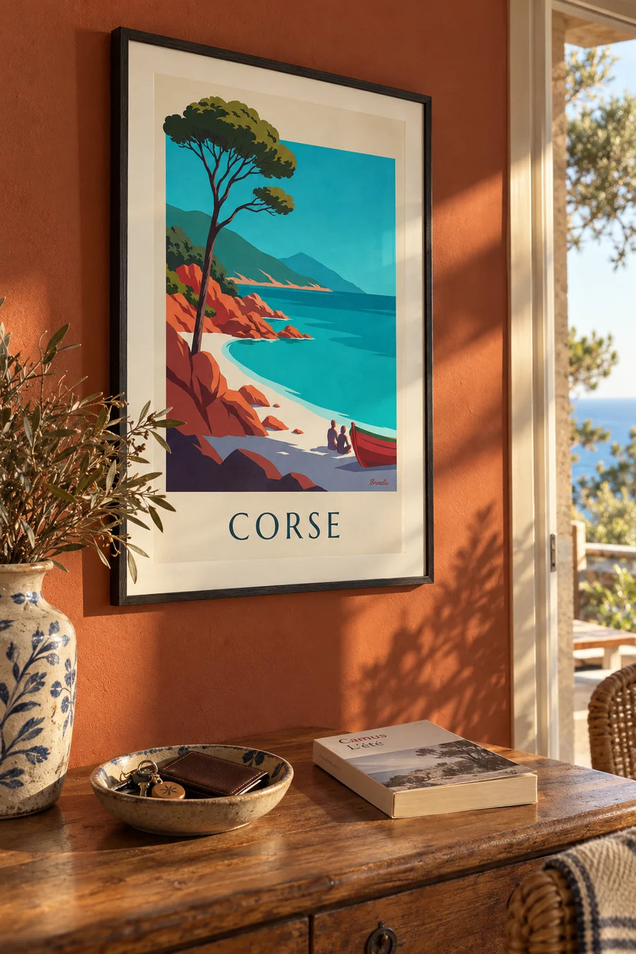 Corsica bay poster with red granite rocks and a umbrella pine: framed on the wall
