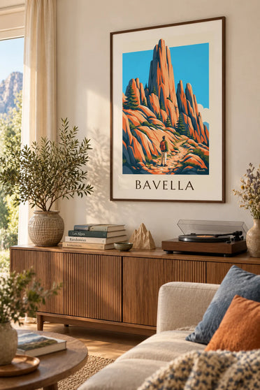 Hiker facing the Bavella needles in Corsica poster : framed on the wall