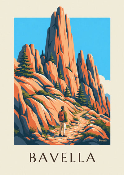 Affiche randonneur face aux aiguilles de Bavella en Corse : l'affiche entière