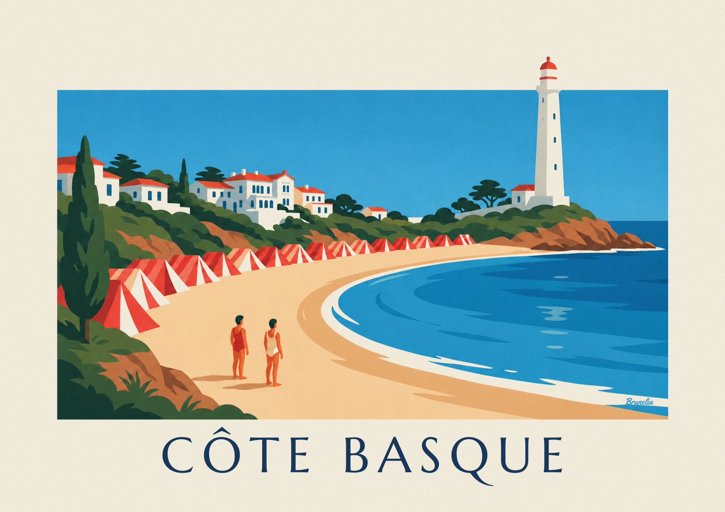 Le phare blanc au toit rouge, perché sur sa pointe rocheuse au-dessus de l'eau bleue