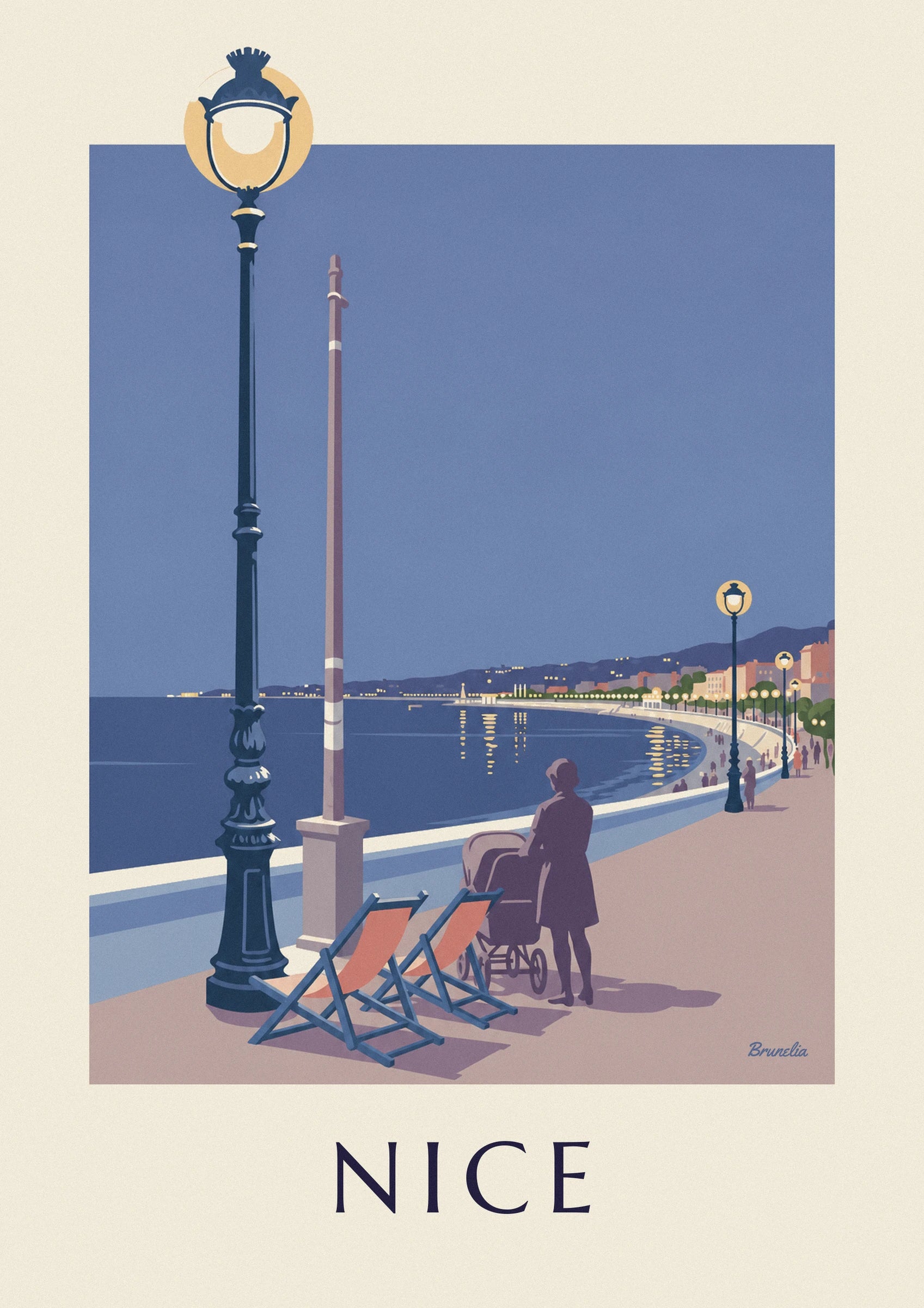 A woman walking with her pram near 2 orange deckchairs, facing the bay in the evening