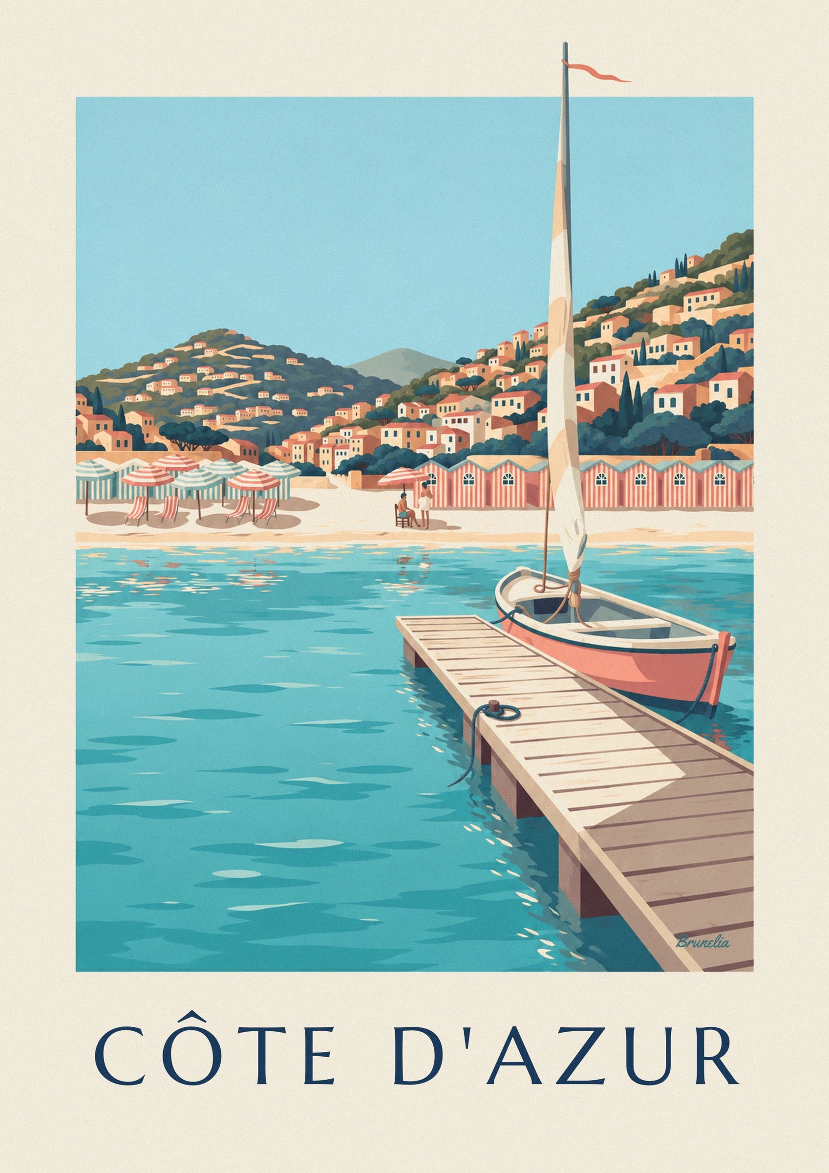 The sailing boat with a coral hull moored to the wooden jetty on turquoise water