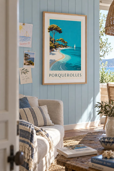 Poster of Notre-Dame beach and its pines on the island of Porquerolles: framed on the wall
