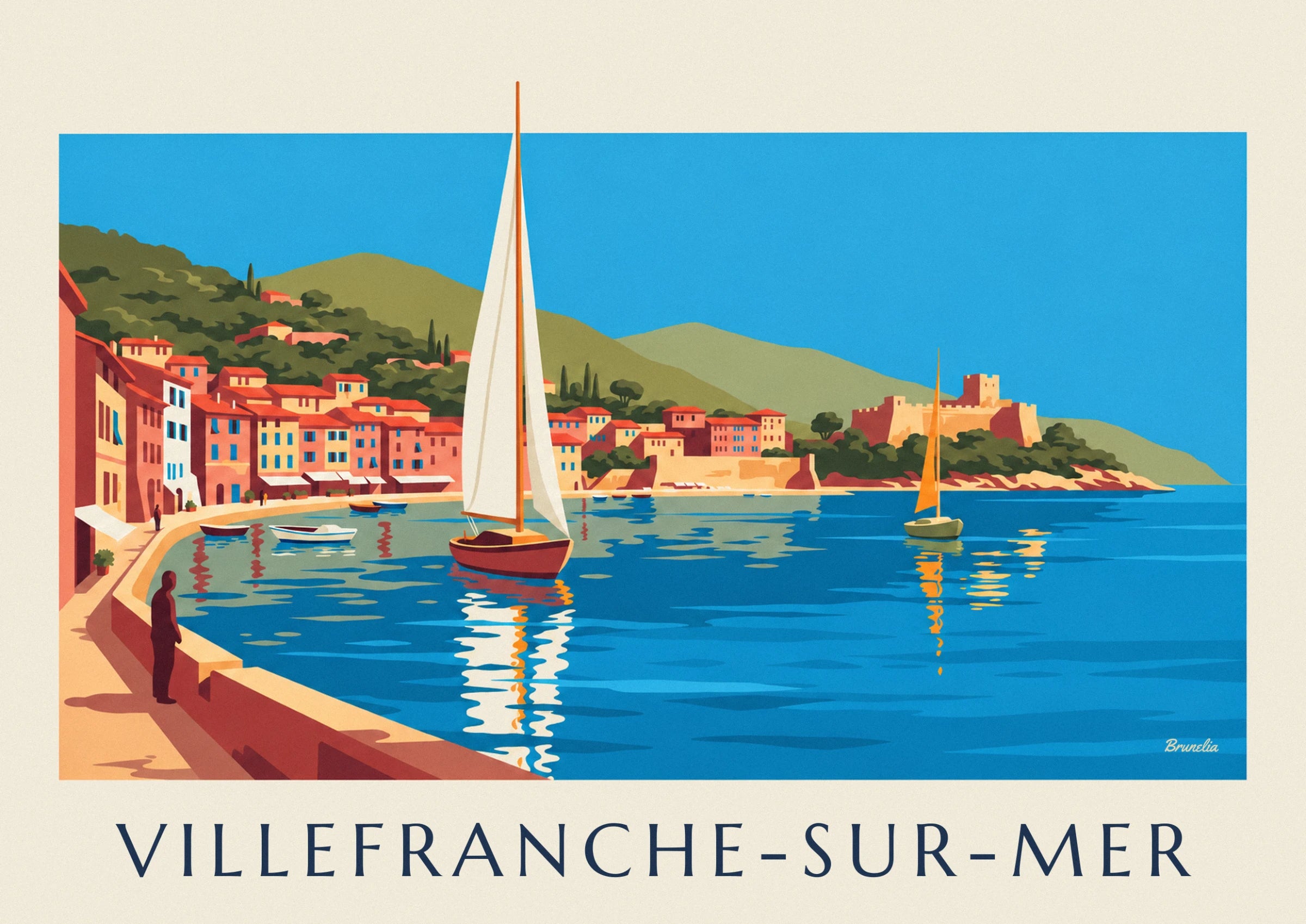 The yacht with its large white sail in front of the harbour's ochre and red houses