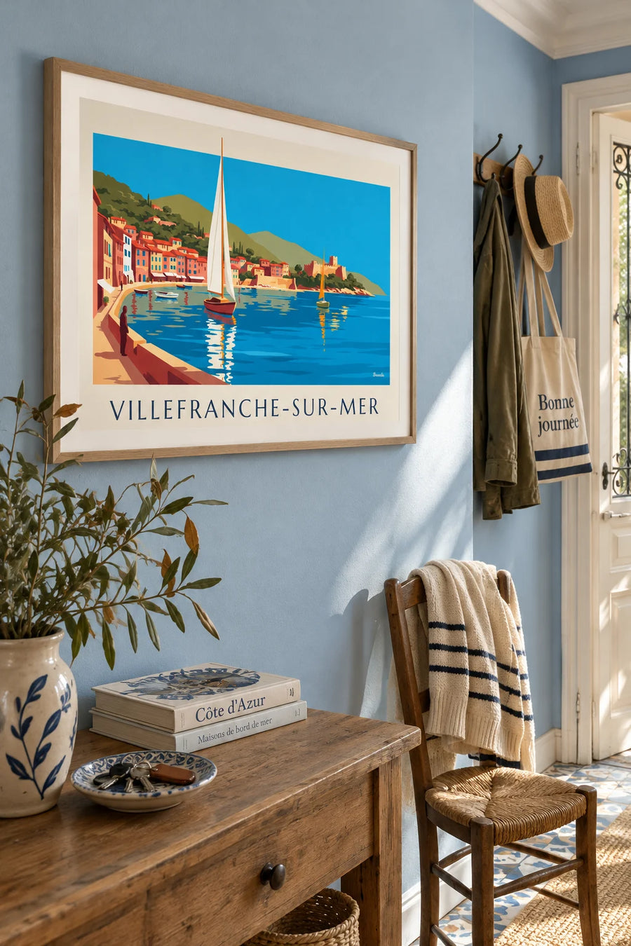 Poster of sailboats in the harbor of Villefranche-sur-Mer: framed on the wall