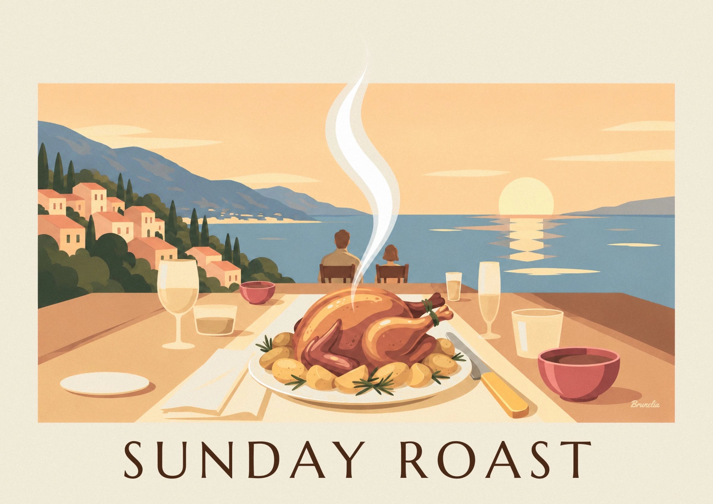 The steaming roast chicken, rosemary potatoes and 2 diners facing the sea