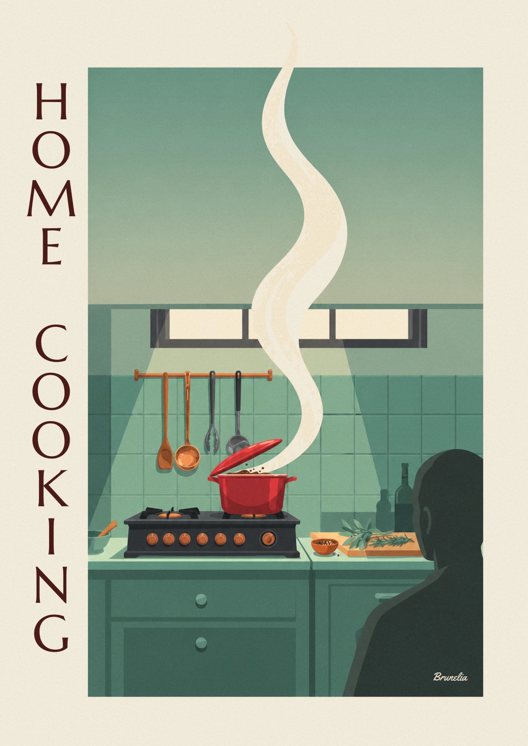 The red casserole pot with its lid lifted on the cooker, beneath the hanging utensils