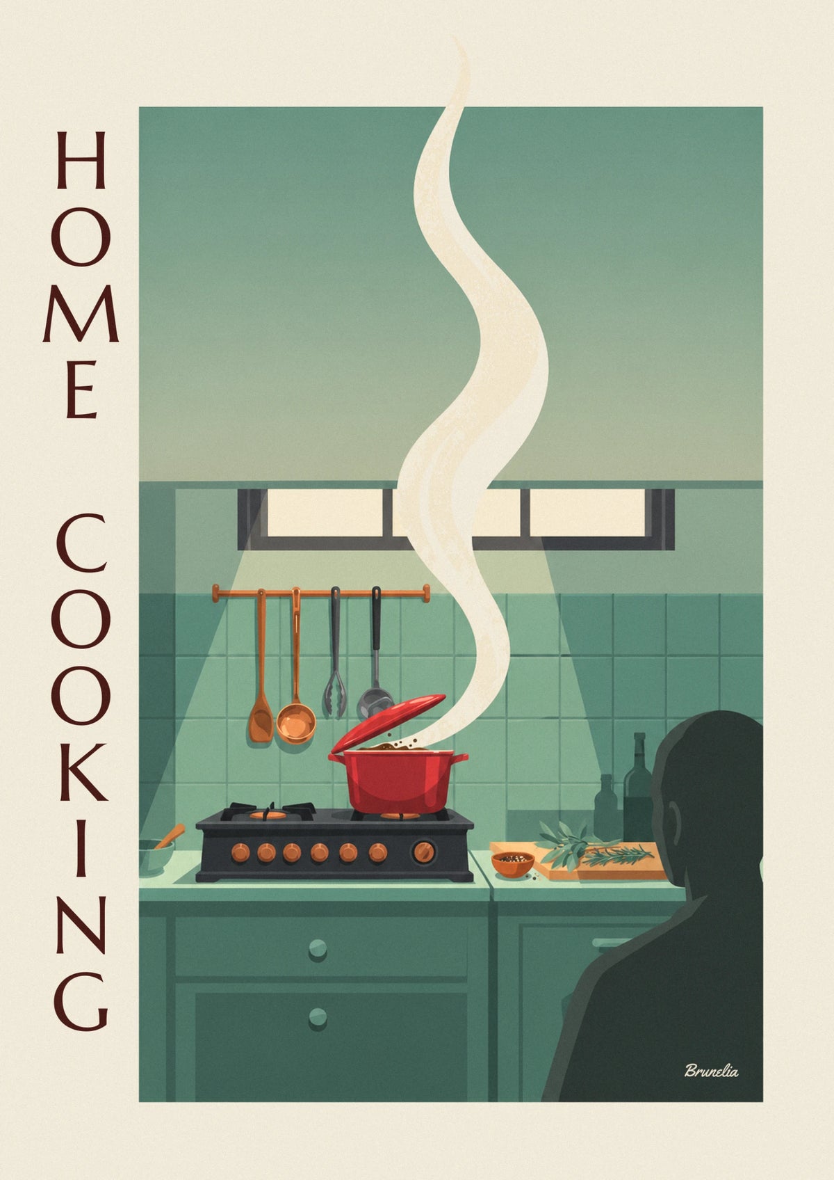 Simmering red Dutch oven and kitchen utensils poster
