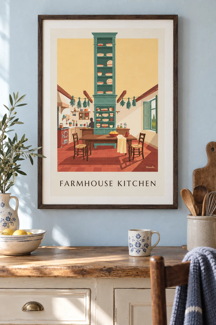 Affiche cuisine de campagne et sa grande table de ferme : encadrée au mur