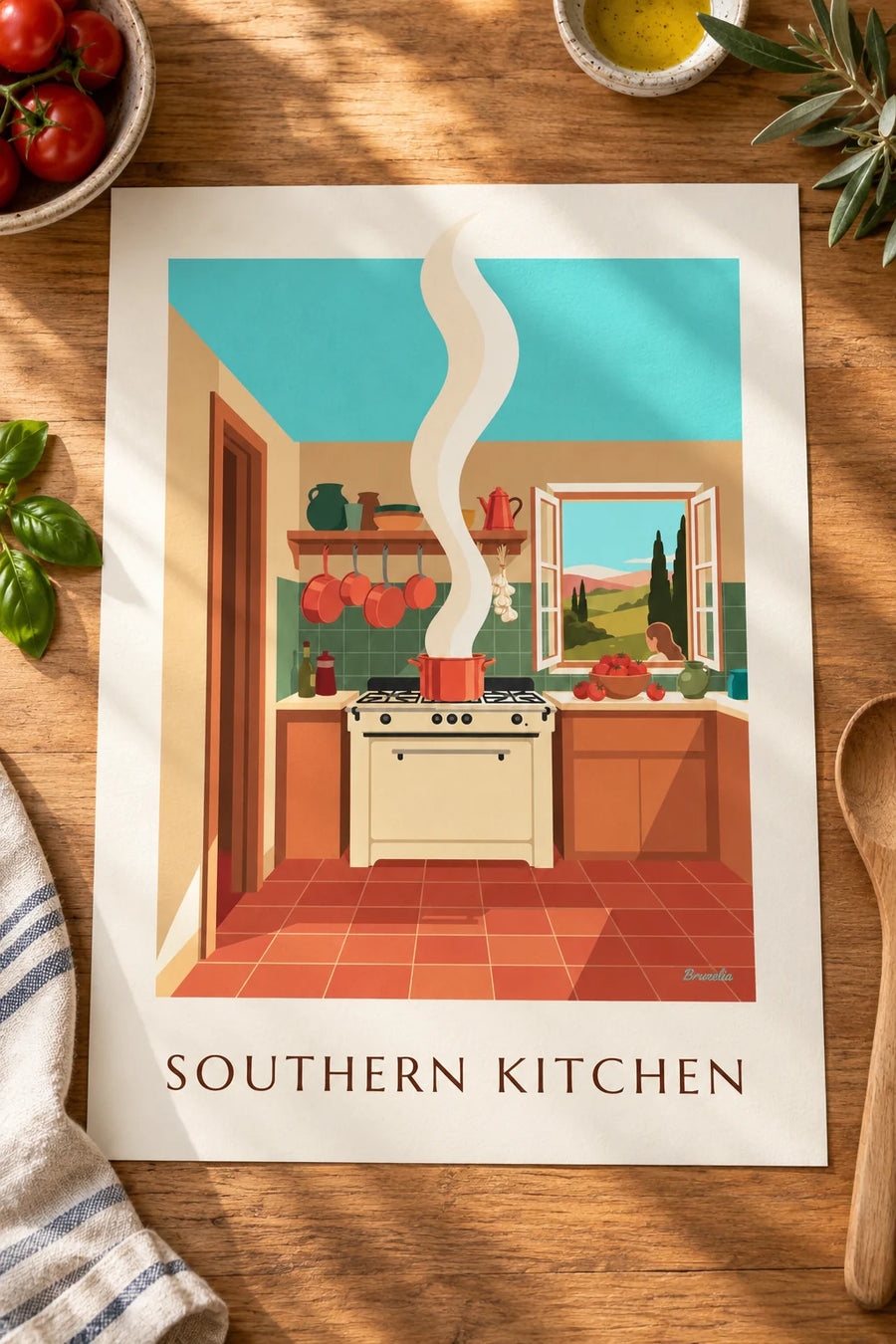 Southern French kitchen poster with ratatouille and copper pots: resting on a table