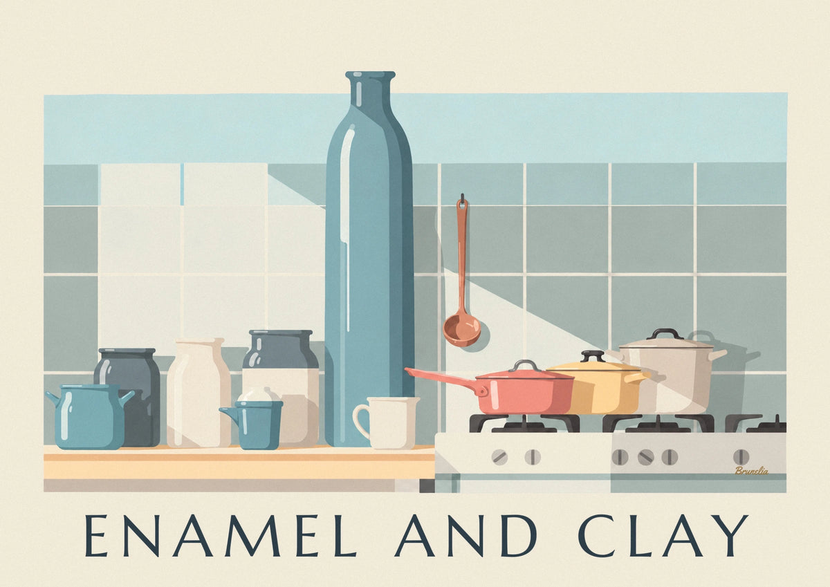 Enamel saucepans and ceramic pots in the kitchen poster