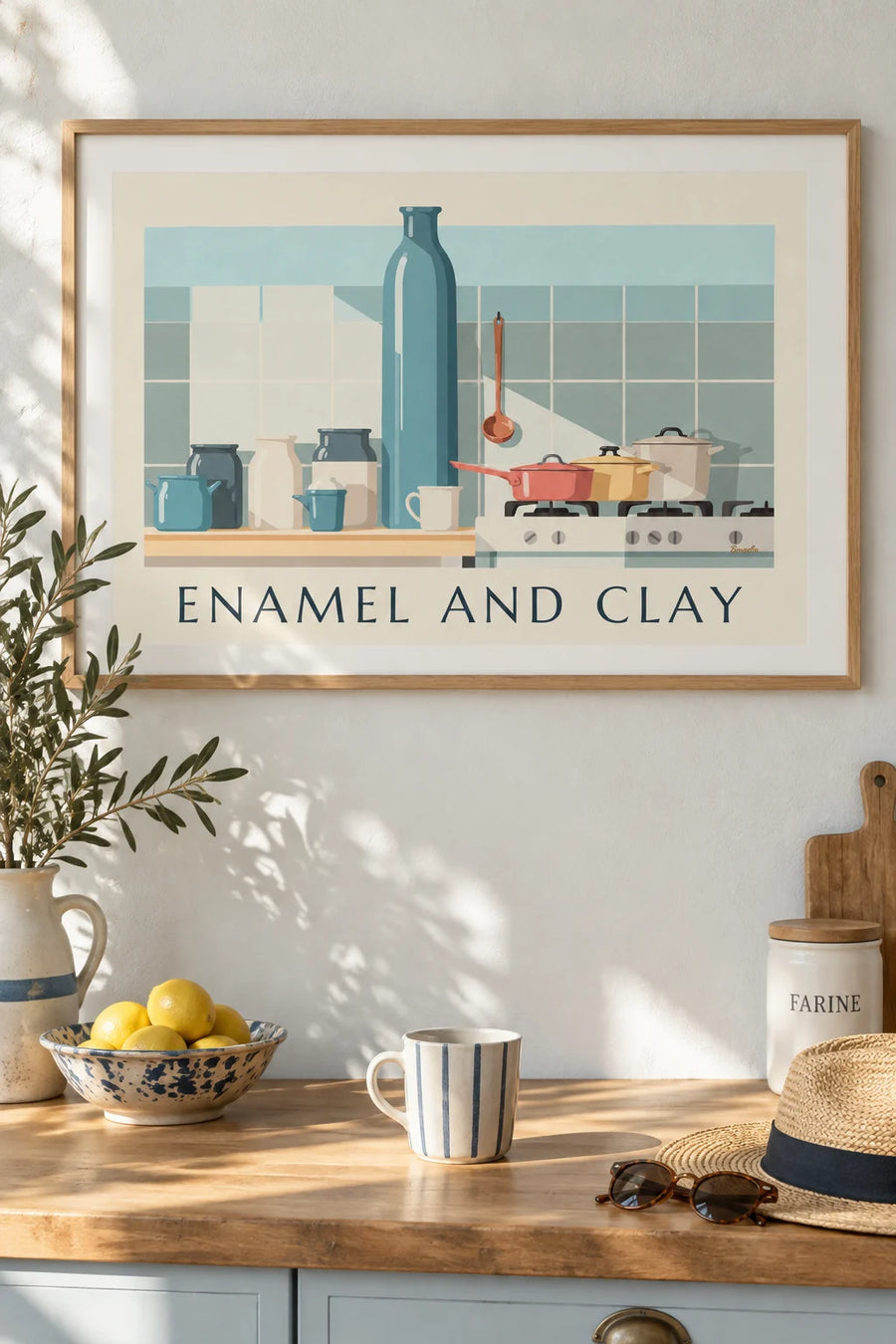 Poster of enameled pots and ceramic jars in the kitchen: framed on the wall