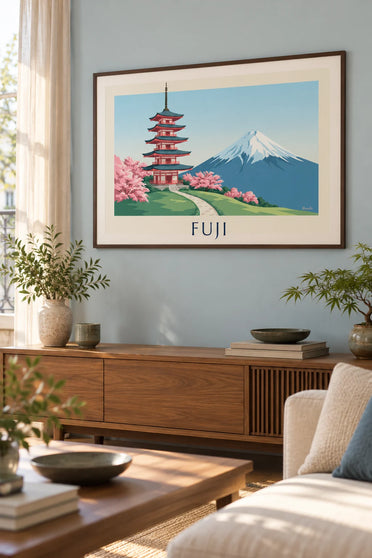 Chureito pagoda, Mount Fuji and cherry blossoms poster : framed on the wall