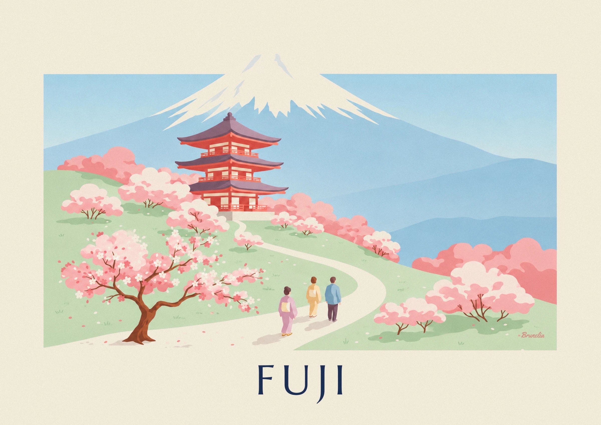 The red pagoda with purple roofs, surrounded by pink cherry trees at the foot of mont Fuji