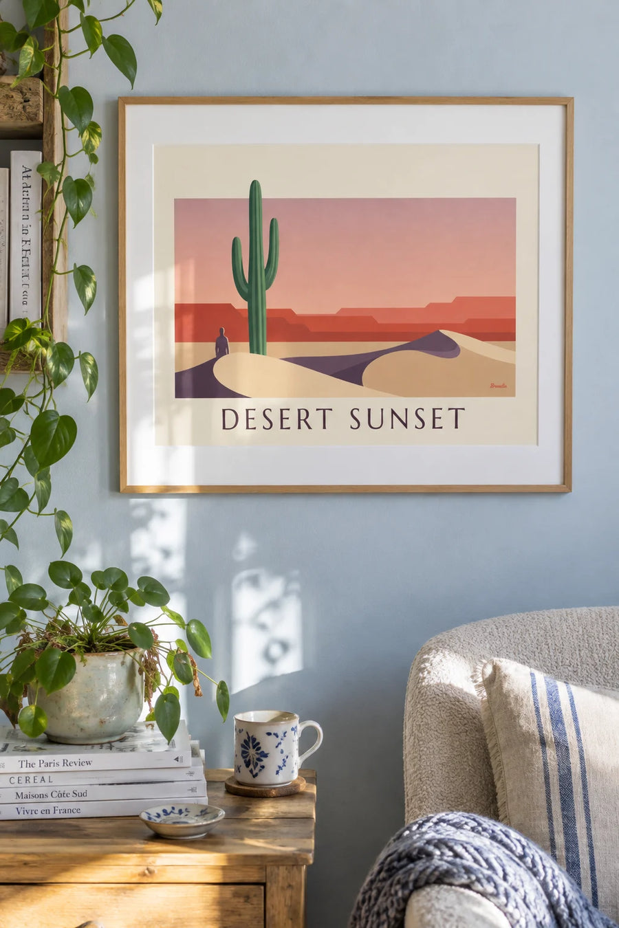 Affiche cactus saguaro dans le désert au coucher du soleil : encadrée au mur