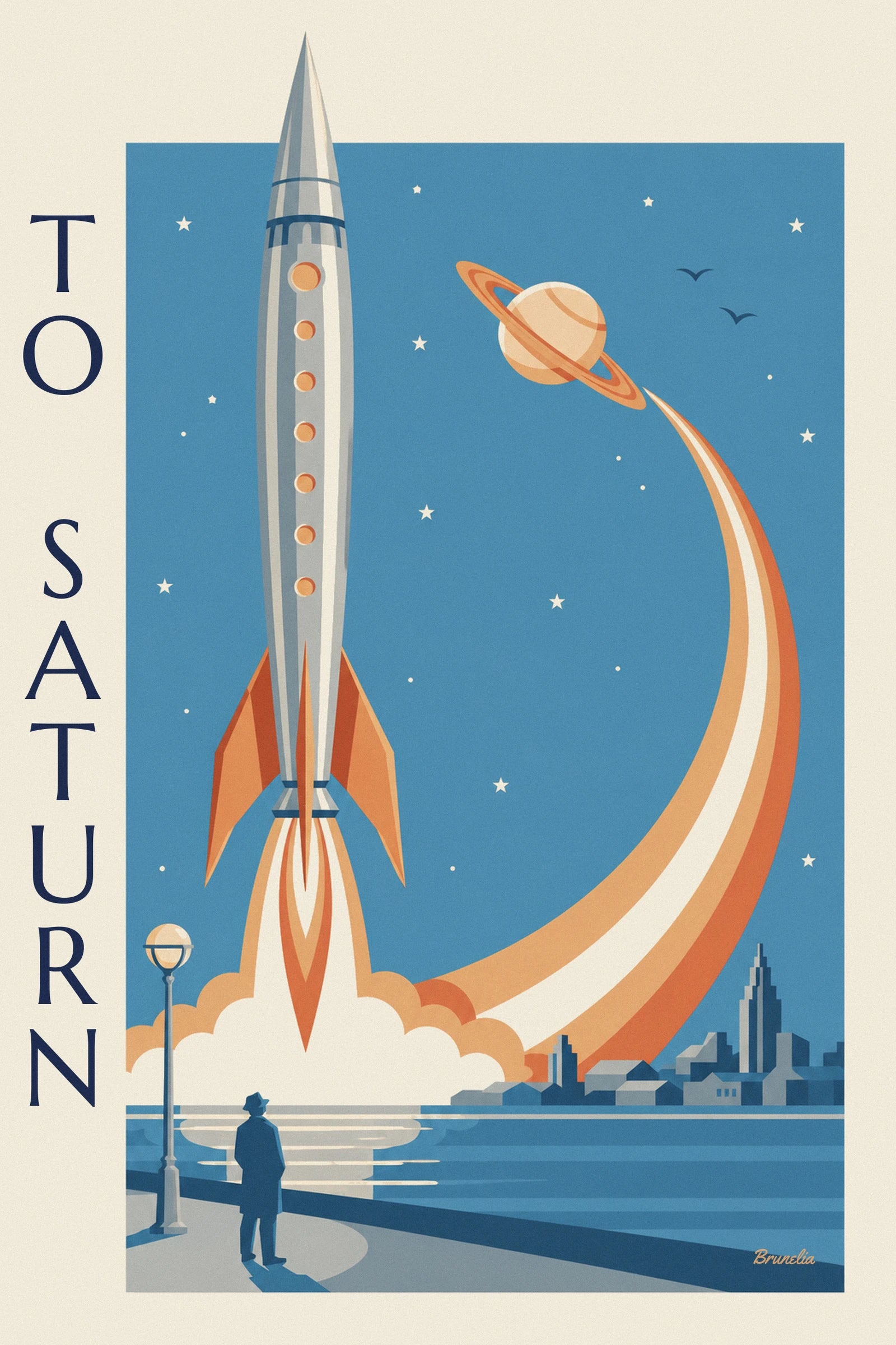 The silver body of the rocket and its orange portholes against a starry blue background