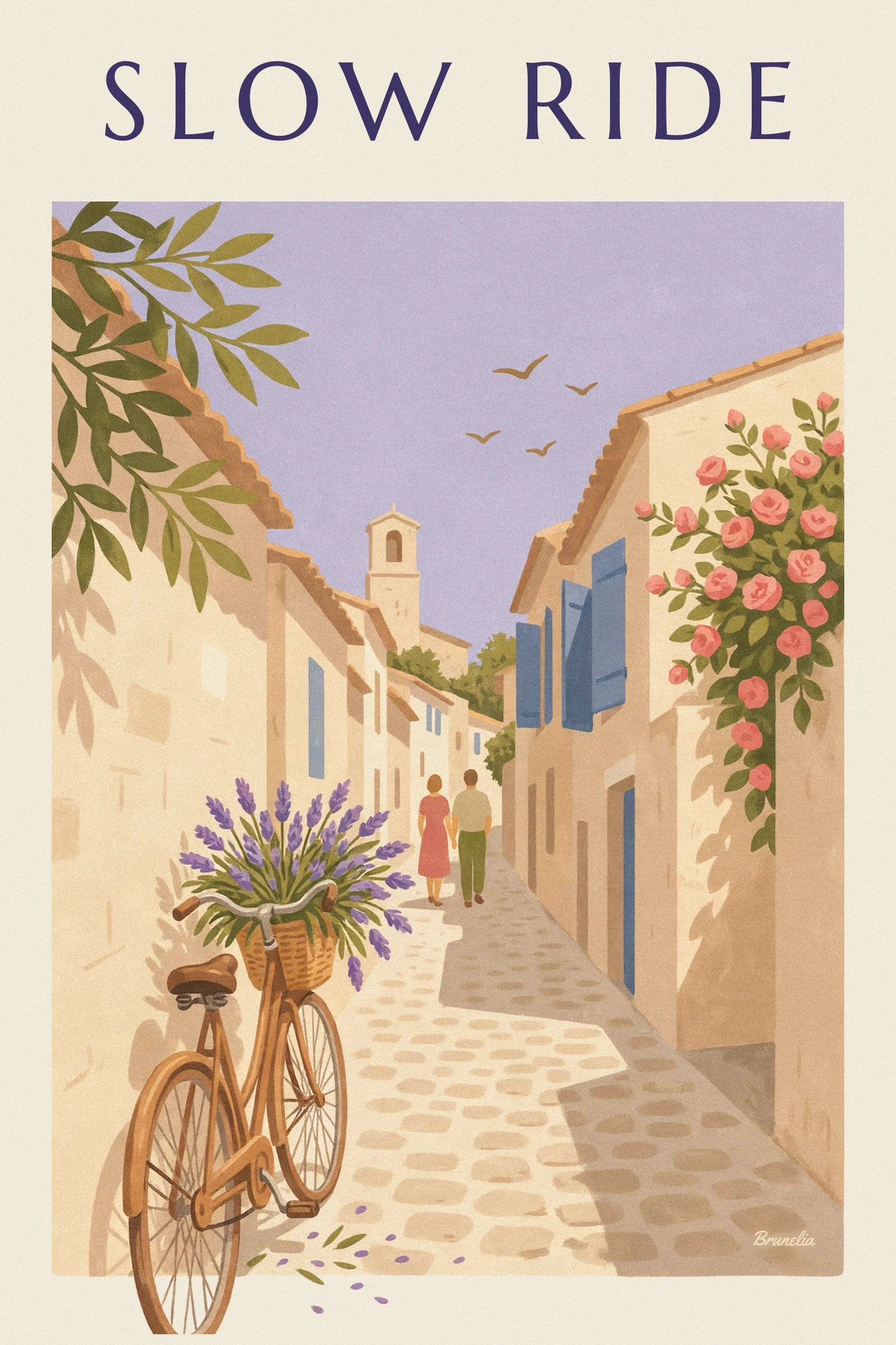 The ochre bicycle with its wicker basket overflowing with lavender, on the cobblestones
