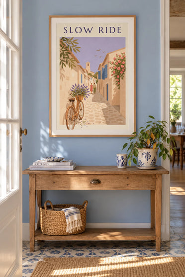 Poster of a bicycle and a basket of lavender in an alley of a Provençal village: framed on the wall