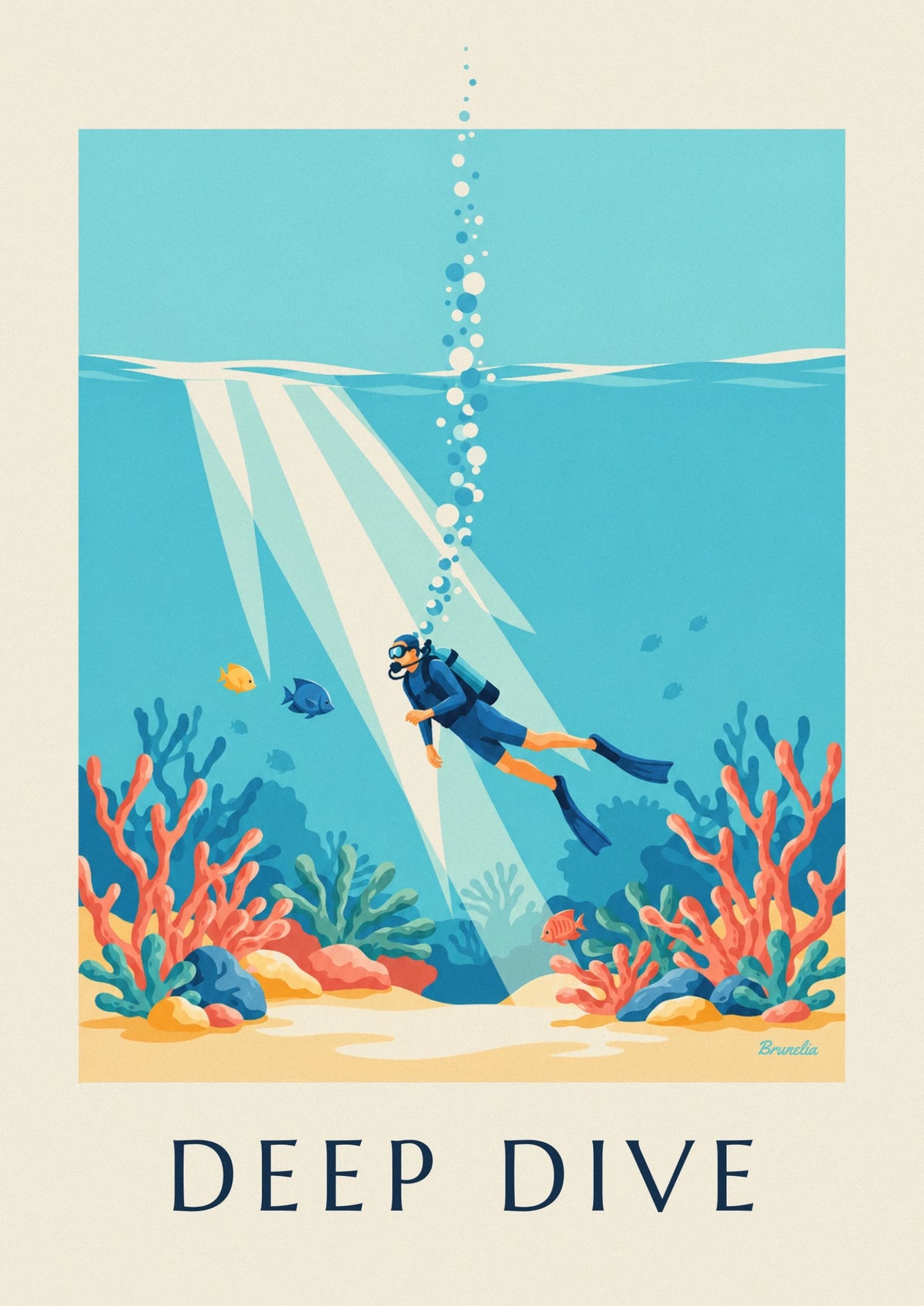 Scuba diver among corals and fish poster