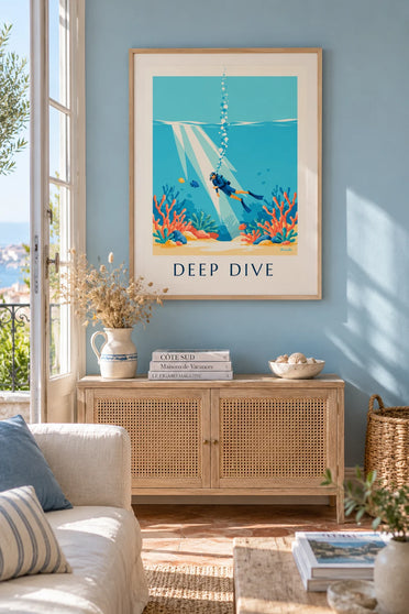 Poster of a scuba diver among corals and fish: framed on the wall