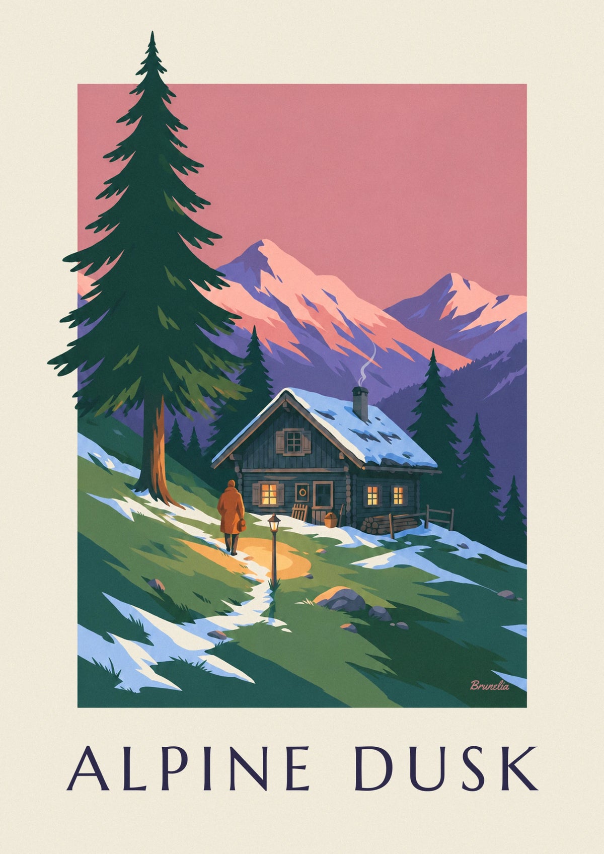 Alpine valley chalet at dusk poster