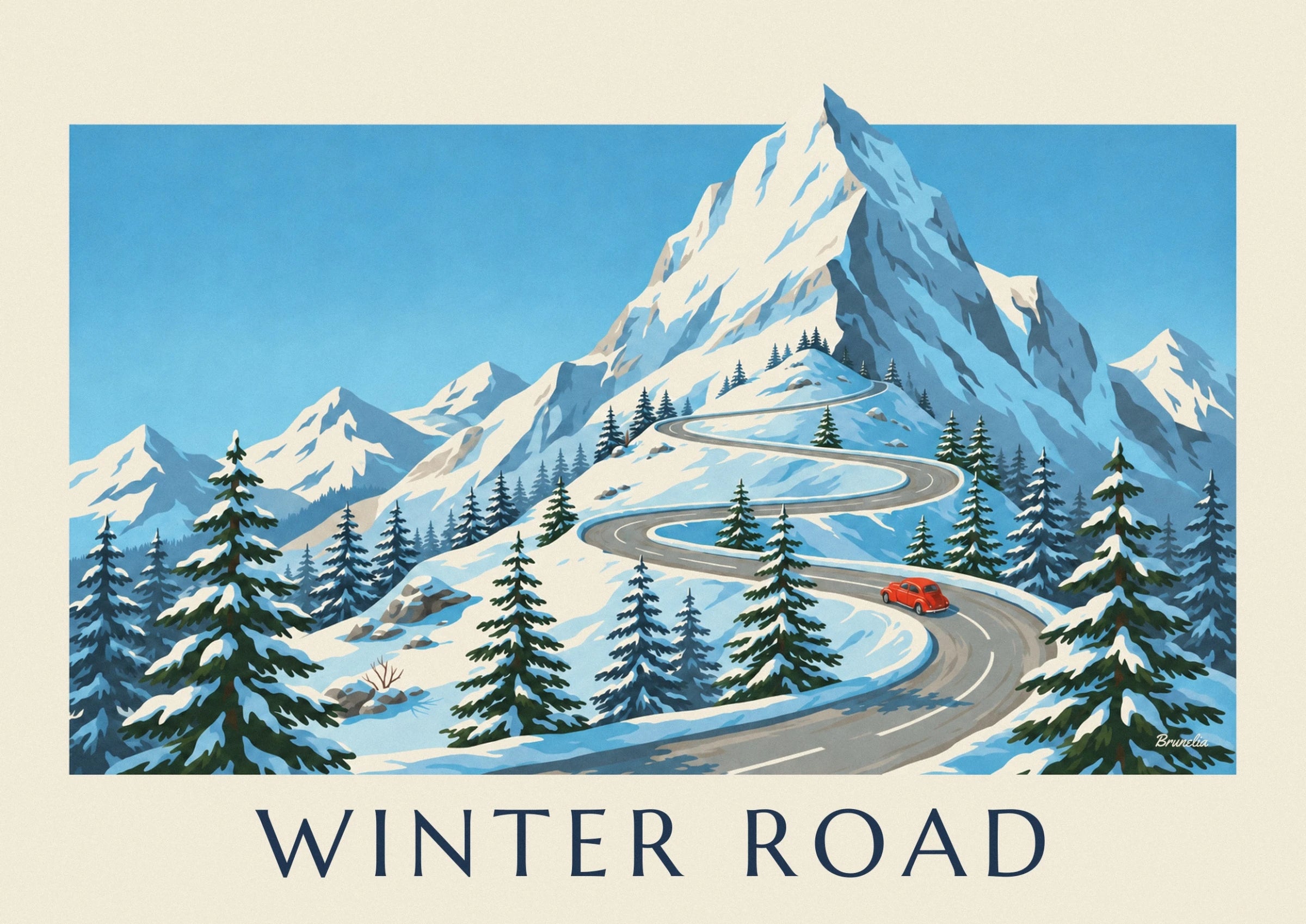 The winding road at the foot of the great snow-covered rock faces of the Alpes