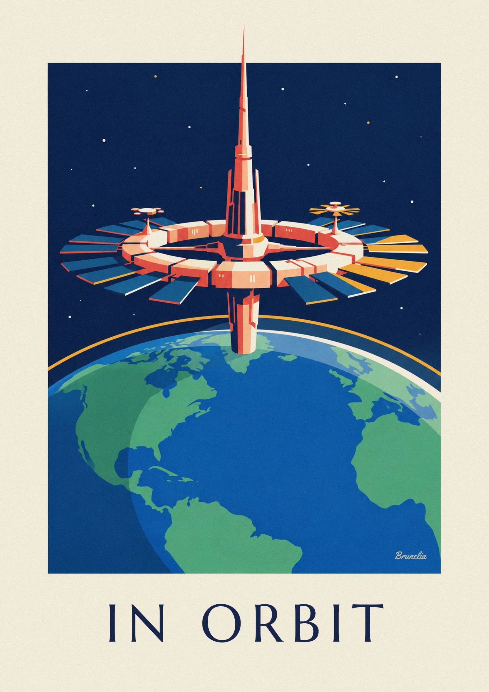 The space station with cream and coral modules orbiting above Earth