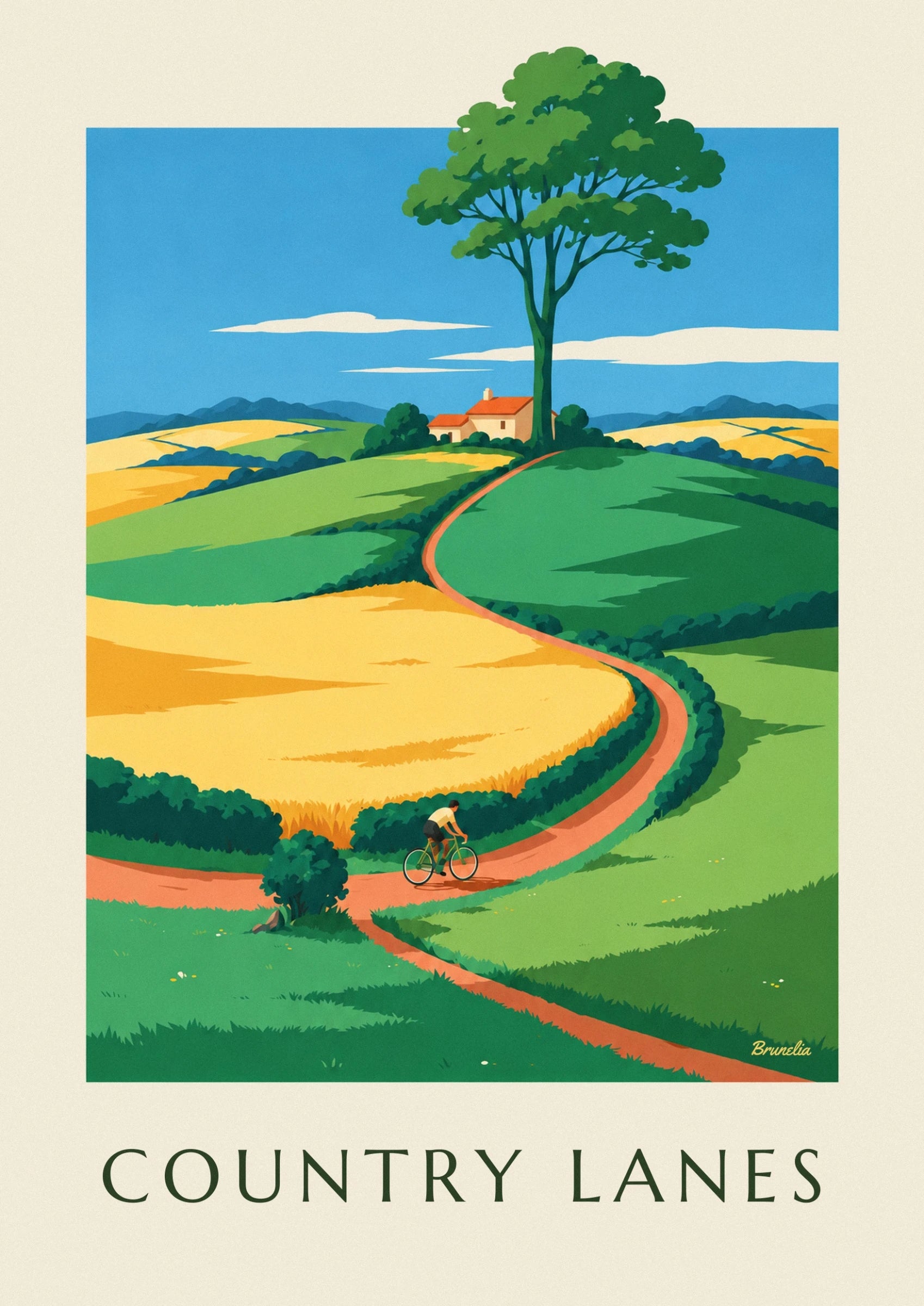 The cyclist in a light-coloured jersey on a green bicycle, rounding a bend in the orange path